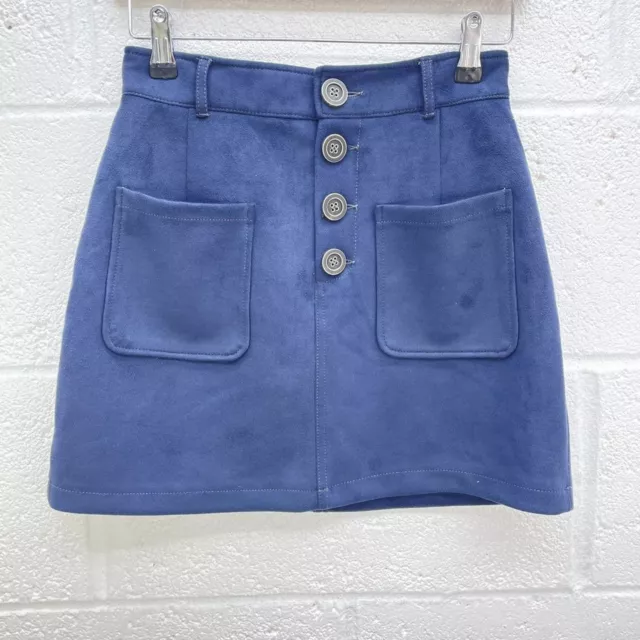 River Island Navy Suede Skirt Size Uk 8 Mini Button Front Detail Pocket Aline