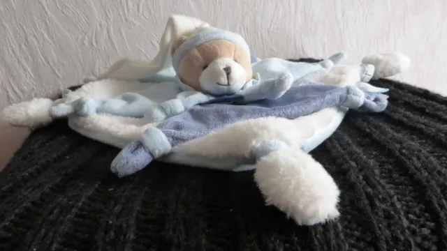 doudou et compagnie ours plat petit chou 2tons de bleu fourrure blanche bonnet