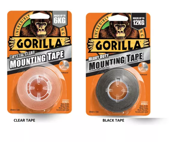 Gorilla Glue Heavy Duty Mounting Tape Double Sided Weatherproof - BLACK / Clear