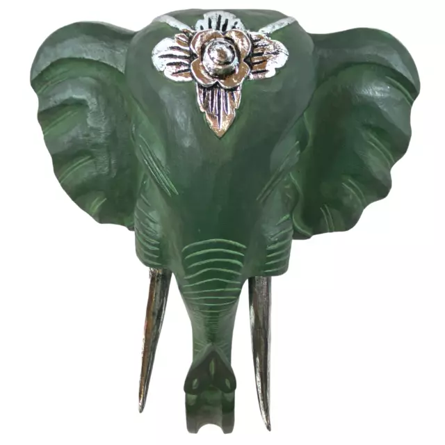 Elephant Ganesh Mask wall art Hand Carved wood Balinese sculpture Decor Green
