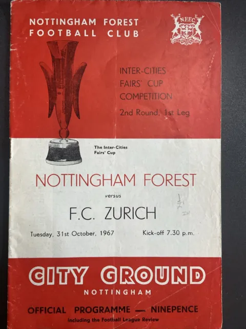 Nottingham Forest V FC Zurich(Fairs Cup 2nd round 1st leg 67/8) 31/10/67 FLD