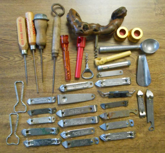 36Vintage Advertising Beer Can Bottle Wine Openers Plus Ice Picks Bud Jax Pearl