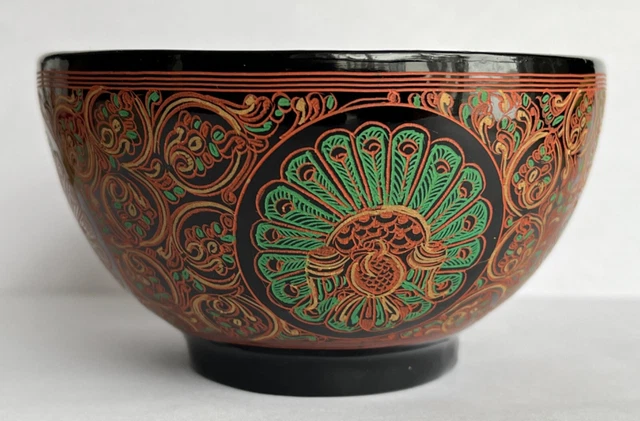 Small Burmese (?) Lacquer Bowl Red Green & Black w/Peacocks Very Intricate