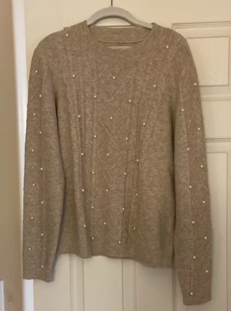 LOFT Women Large Beige Pearl Soft Cable Knit Long Sleeve Round Neck Sweater