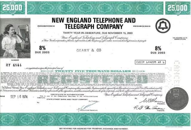 New England Telephone and Telegraph Company, 1974, 8% Debenture (25.000 $)