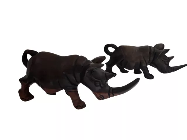 2 Large Hand Carved African Wooden Rhino Rhinoceros Statue Sculpture