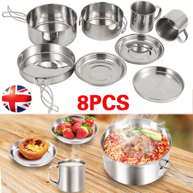8PCS Stainless Steel Pot Pan Set Cookware Cooking Picnic Outdoor Camping Hiking