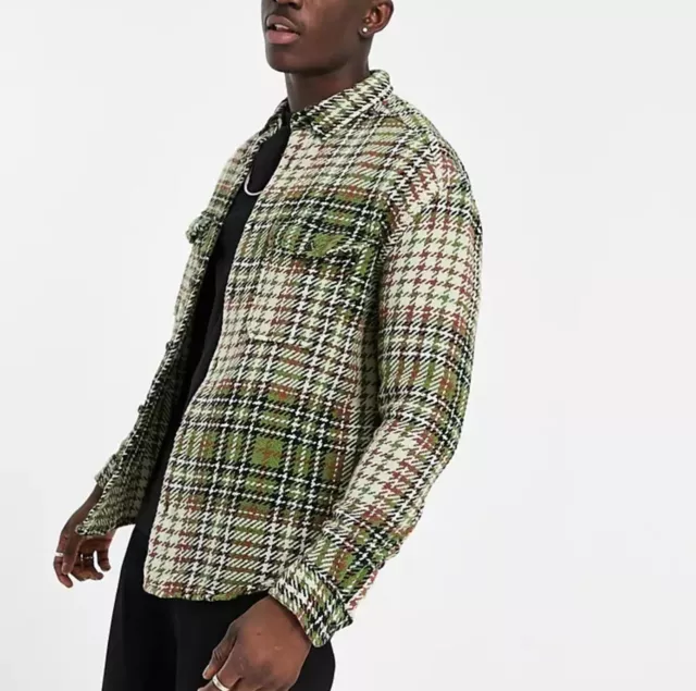 ASOS DESIGN 90s oversized textured check shirt in green with chest pockets Sz M