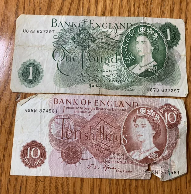 Lot Of 2- 10 Shilling & 1 Pound  Great Britain Bank of England Bank Note