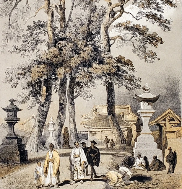 1856 Japanese Temple Shimoda Sintoo Wilhelm Heine Hand-Colored ORIGINAL RARE
