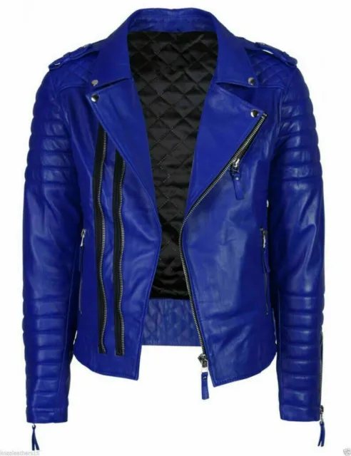 Retro Men's Motorcycle Biker Jacket Royal Blue Leather Fashion Jacket