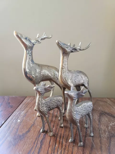 Vintage Set of 4 Brass Reindeer Buck Deer and Fawn/Calf Family Figurines Figures