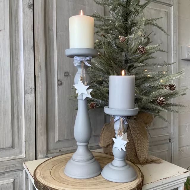 Grey Rustic Wood Candlestick Christmas Holder French Country Star Shabby Chic