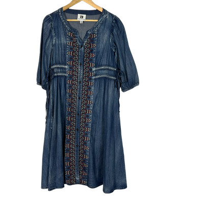 Vicky & Lucas Chambray Loose Fit V-Neck Casual Embroidered Midi Denim Dress, Siz