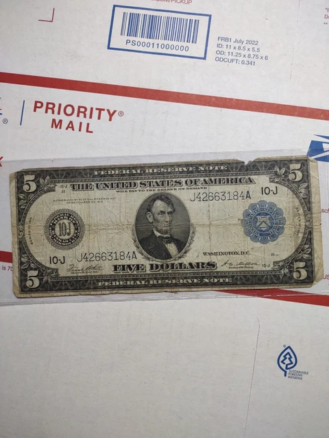 $5 1914 Kansas City Missouri Federal Reserve Large Bank Note Bill! Blue Seal VG+