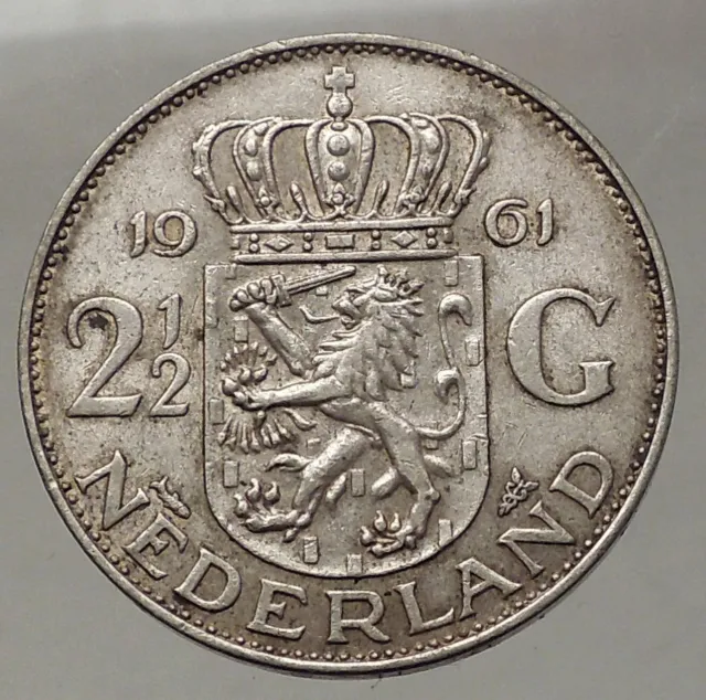 1961 Netherlands Kingdom Queen JULIANA 2½ Gulden Authentic Silver Coin i57756