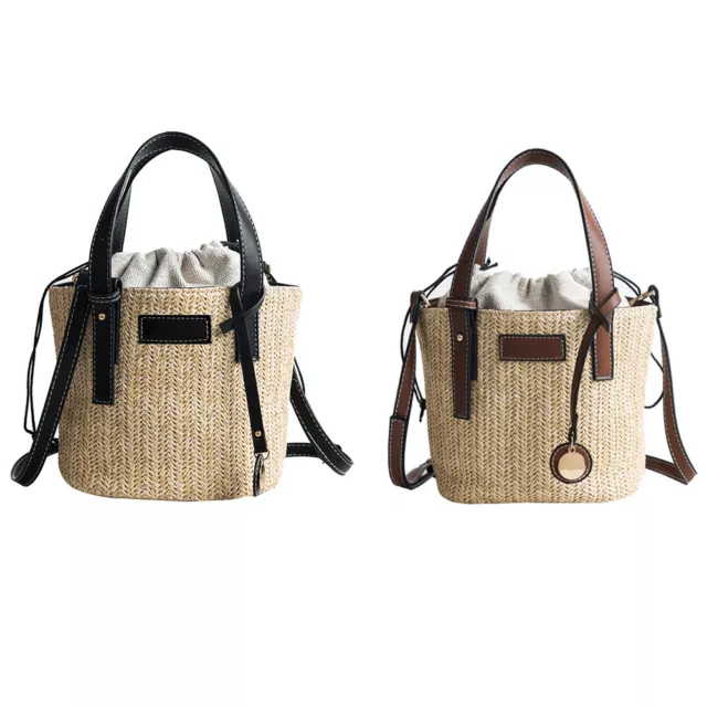 Summer Beach Portable Shoulder Bag Women Fashion Mini Bucket Woven Straw Handbag 3