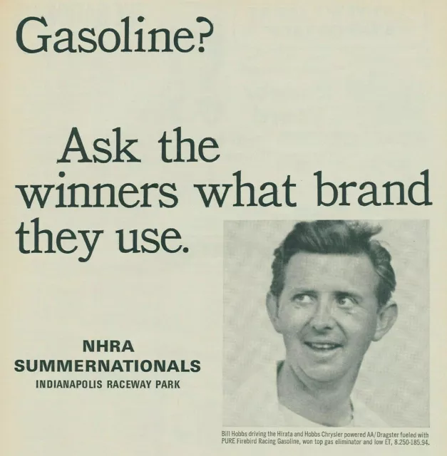 Pure Firebird Gasoline Bill Hobbs NHRA SummerNationals Vintage Magazine Ad 1965
