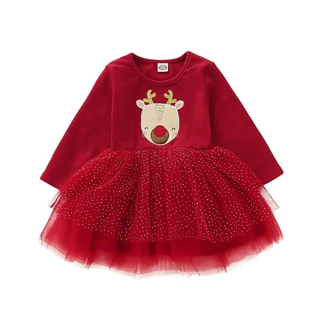 Abito tutù costume festa di Natale rosso alce manica lunga bambine