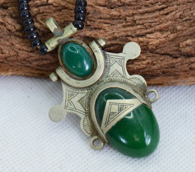 Vintage African Berber Necklace Pendant With Green Stones Tribal Ethnic Boho