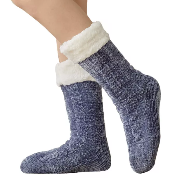 Women's Bed Slippers Fluffy Socks Fleece Lined Non Slip Knitted Footwear Thermal