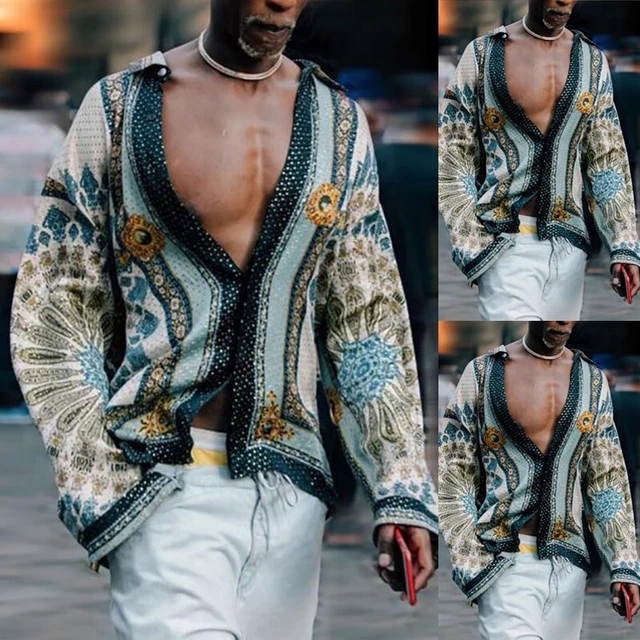 Camicia retrò da uomo risvolto collo boho top abbottonati maniche lunghe camicetta festa