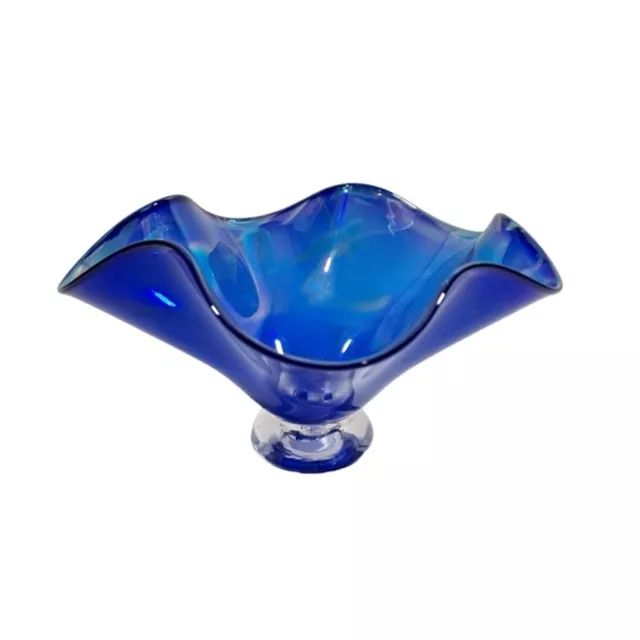 Hand Blown Art Glass Blue With Green Swirl Bowl Ruffled Edge Footed