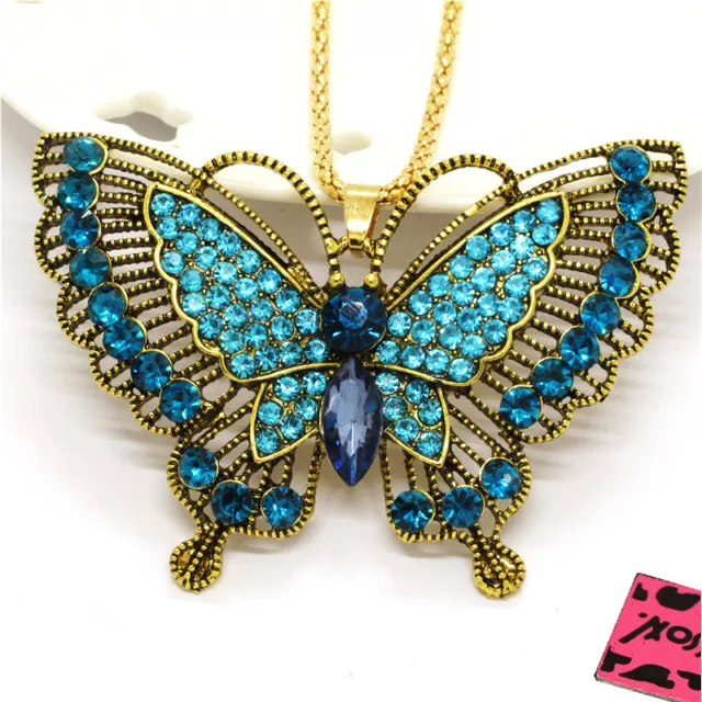 New Fashion Blue Cute Butterfly Retro Bling Crystal Pendant Chain Women Necklace