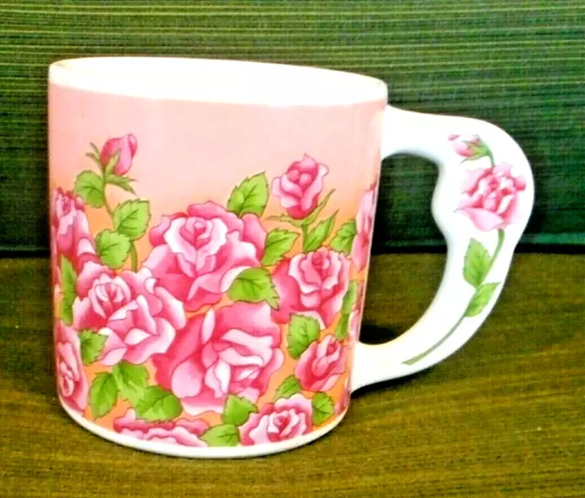 Beautiful Vtg.  Russ Berrie Flowered Ceramic Coffee Mug--Unique Handle