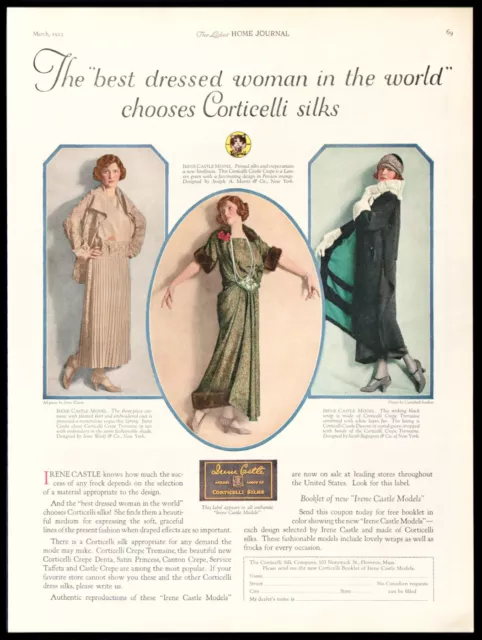 1923 IRENE CASTLE Model CORTICELLI Fashion Silk Skirt Coat Photos Vtg PRINT AD