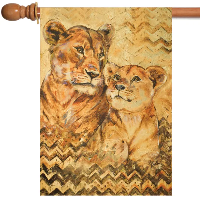 Toland Hand Painted Lioness and Cub 28x40 Lion Portrait Chevron House Flag
