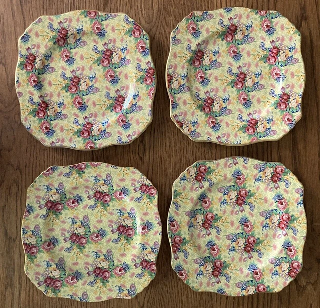 (4) 1995 Royal Winton England Grimwades WELBECK CHINTZ Square Salad Plates 8.5"