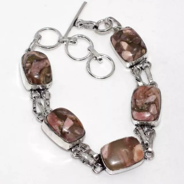 925 Silver Plated-Copper Rhodochrosite Ethnic Gemstone Bracelet Jewelry 8" GW