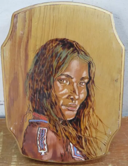 Vintage Native American Woman Wood Carving/Burning/Painting 7inx9.5in L. Rollins