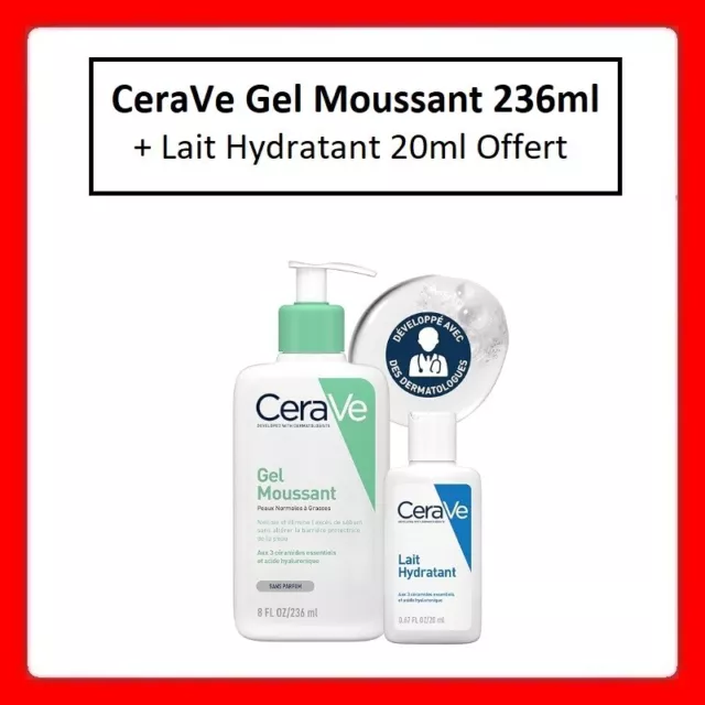 Gel Moussant CeraVe 236ml + Lait Hydratant 20ml Offert Gel Nettoyant Visage