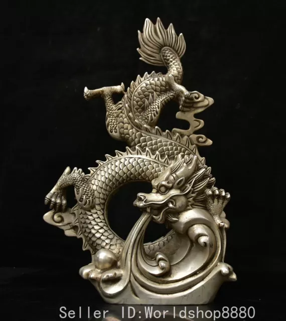14.4" Old China Qianlong Marked White Copper Fengshui Zodiac Year Dragon Statue