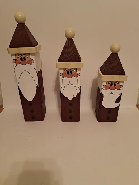 Heavy Handmade/Hand Painted Country/Primitive Wooden Santa Trio Decor Christmas