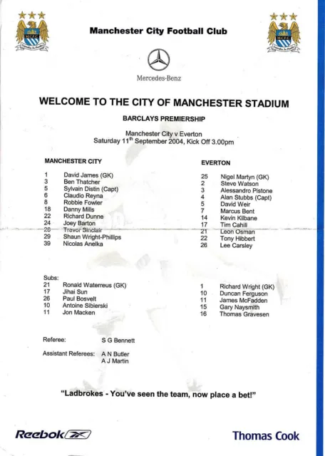 Teamsheet - Manchester City v Everton 2004/5