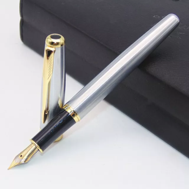 Classic Silver Golden Nib Fountain Pen Writing Supplies Trim M