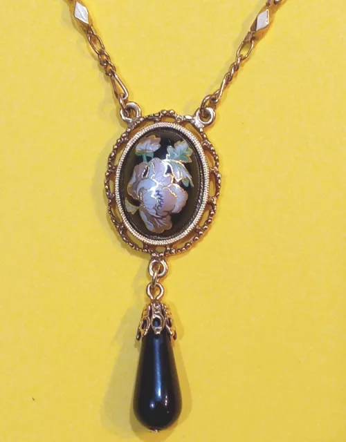 1928 Co. 28" Gold Tone Pendant Necklace, Black Teardrop & Oval Cloisonne Flower