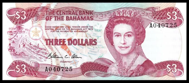 🇧🇸 Bahamas, $ 3 dollars, L. 1974 (1984), Pick 44, QEII, UNC