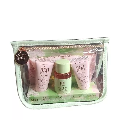 PIXI Skintreats Rose Glow Routine In Travel Case Toner Cleanser Booster Wipes