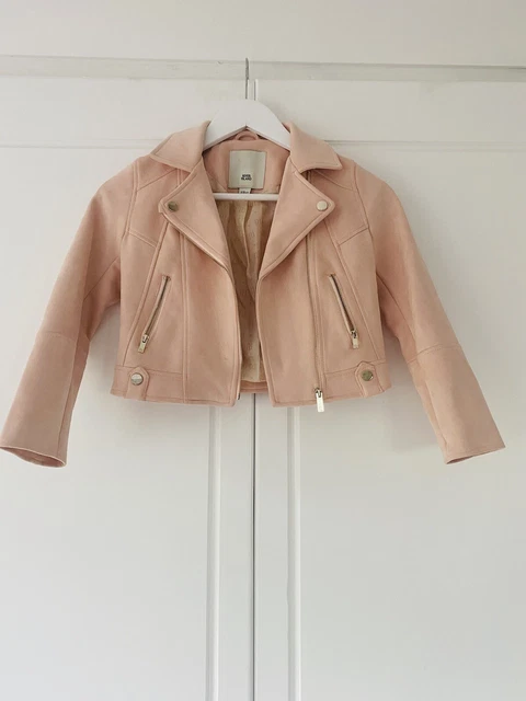 Giacca Biker Rosa Ragazze River Island 7-8 Anni Finta Pelle Scamosciata Di Natale Festa Boho Inverno