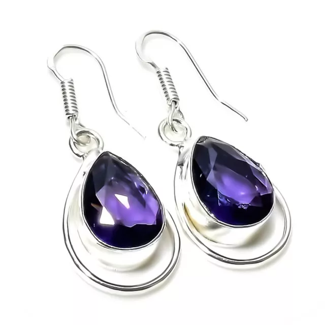 Amethyst Gemstone Handmade 925 Sterling Silver Jewelry Earring Sz 1.30"