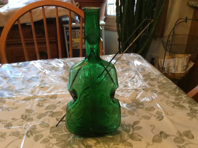 blown glass green Violin bottle with metal hanger
