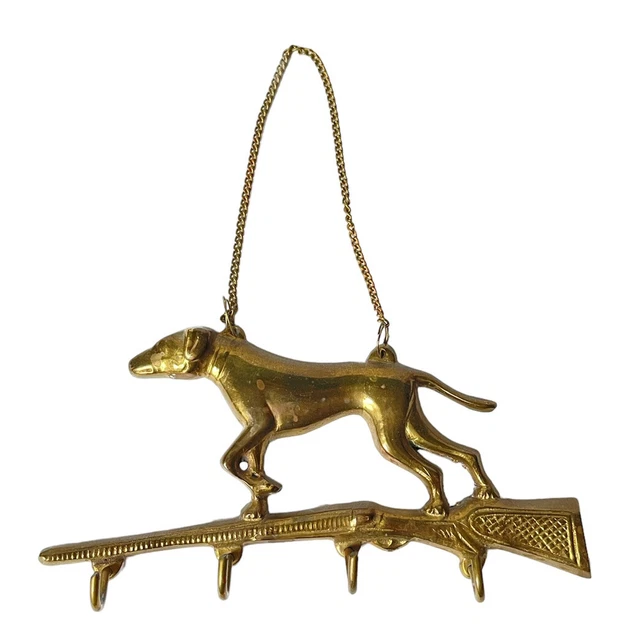 Vintage Brass Hook Key Holder Pointer Dog Hunting Gun Key Ring Holder 4 Hooks