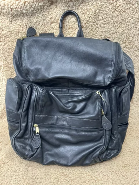 FRYE Authentic Black Leather Multipockets Zip Backpack Bag