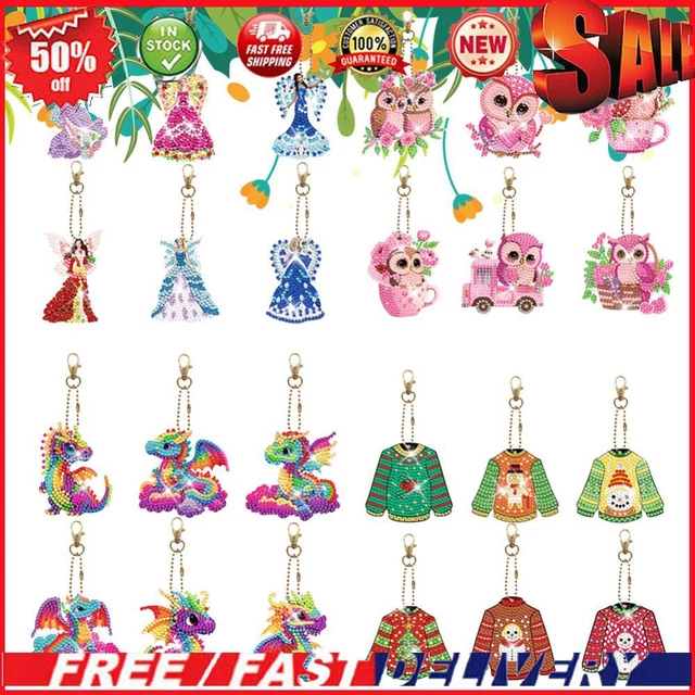 JSRQT 6 Pcs Diamond Art Painting Keyrings, DIY 5D Diamond Pasted Keychains Feather Pattern, Full Drill Diamond Keyrings Pendant, Double-Sided