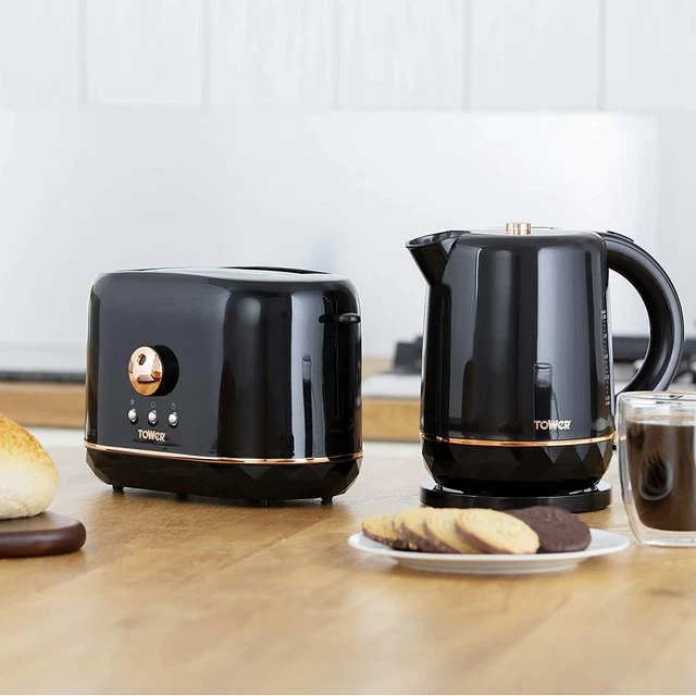 TOWER JUG KETTLE & 2 Slice Toaster Set Black & Rose Gold, T10038B