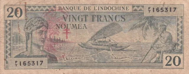 #French New Hebrides Colony 20 Francs 1945 P-7 AF+ Nouvelles Hébrides